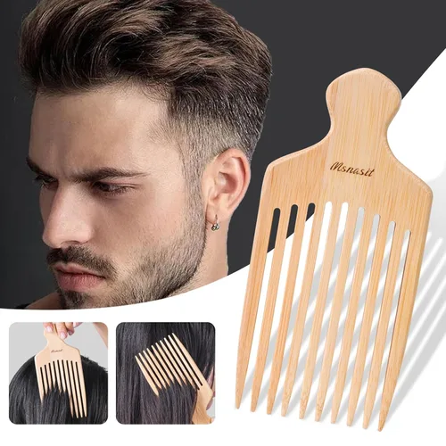 Vista 4 de Peine de bambú para cabello rizado, peine desenredante de dientes anchos de madera premium con mango ergonómico, volumen natural y herramienta