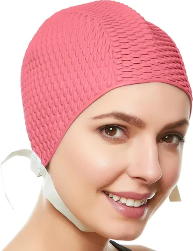 Vista 5 de BEEMO Gorro de natación para mujer, correa de barbilla, crepé, látex, largo, corto, gorras de natación