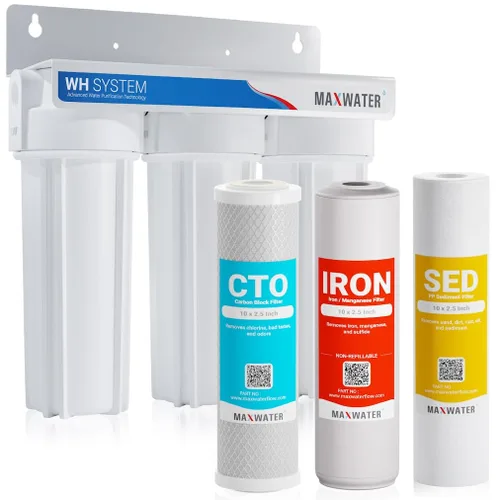 Vista 7 de Max Water Sistema de filtración de agua de 3 etapas para toda la casa - Sedimento+Manganeso de hierro+CTO Post Carbono-3/4" Entrada/Salida