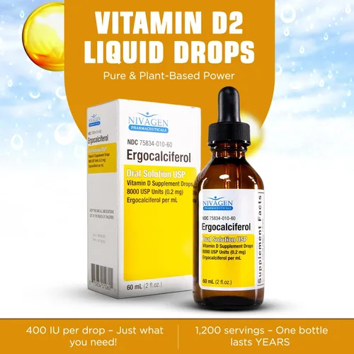 Vista 2 de Nivagen Gotas líquidas de vitamina D2 de 8,000 USP (ergocalciferol) 400 UI por porción 2 gotas una vez al día 1,200 porciones, 2.0 fl oz