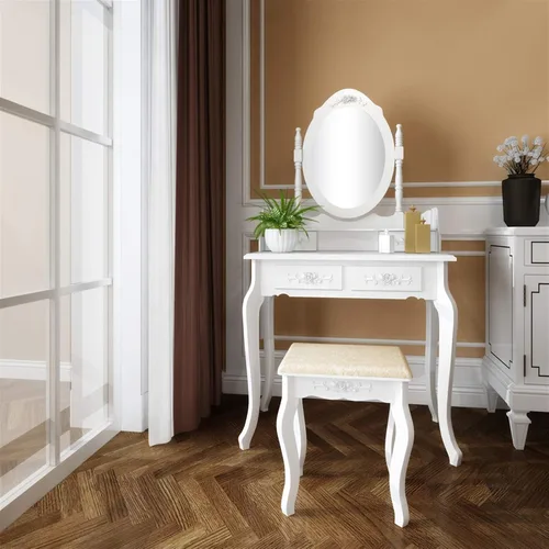 Vista 7 de Juego de tocador con 4 cajones de rotación de 360 grados extraíble, mesa de maquillaje con taburete, escritorio de tocador para dormitorio