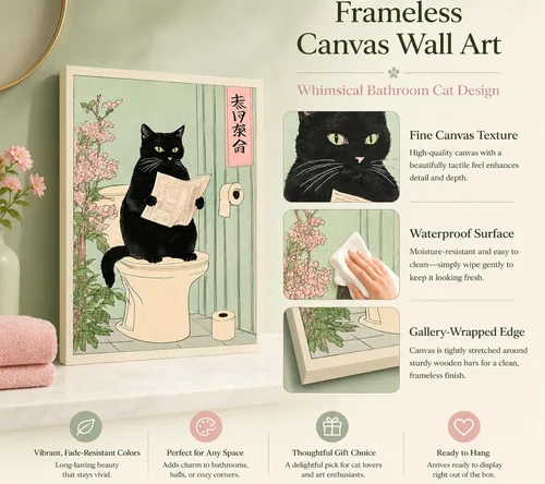 Vista 7 de COYIKC Arte de pared en lienzo de gato negro japonés en el inodoro, impresión divertida de baño, póster de inodoro, cuadros de decoración de pared