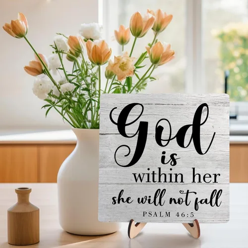 Vista 3 de Letrero de madera inspirador cristiano, versículo de la Biblia, Salmo 46:5, letrero de madera con texto en inglés "God is Within Her, She Will Not