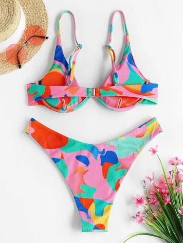 Vista 3 de ZAFUL - Conjunto de bikini de corte alto para mujer, traje de baño sexi