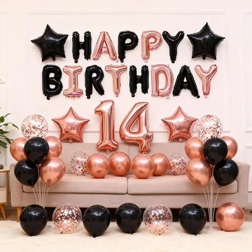 Vista 2 de Decoraciones de cumpleaños número 14: globos de papel de aluminio de estrella con el número 14 de oro rosa, confeti de látex para su fiesta
