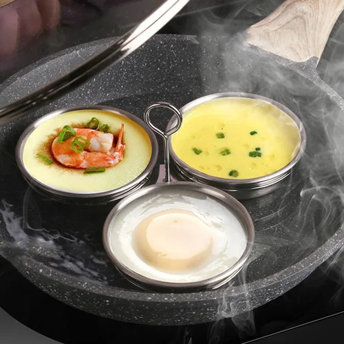 Vista 5 de Cazador de huevos de acero inoxidable, Fabricante perfecto de huevos escalfados, Anillos redondos para cocina de huevos para desayuno, 3 tazas