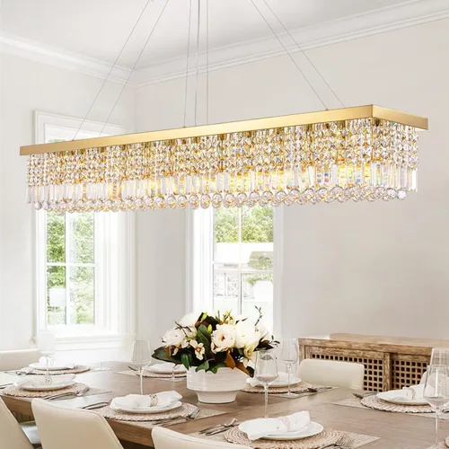 Vista 16 de Siljoy Candelabro de Cristal Moderno de 6 Luces Rectangular Dorado K9 Candelabro de Cristal en Forma de Gota de Lluvia para Comedor, Lámpara