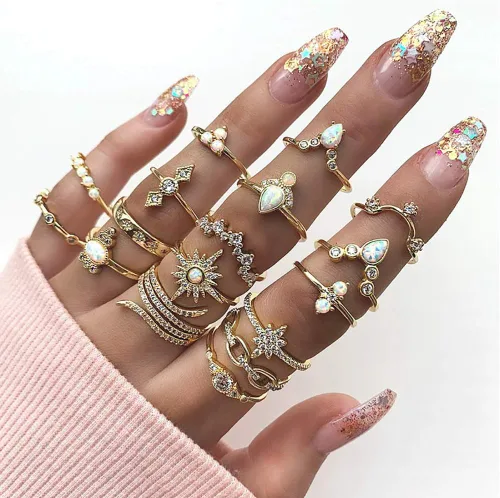Vista 2 de YOOESTORES82 Juego de anillos bohemios dorados, anillos apilables para nudillos, vintage, de serpiente, juego de anillos apilables para mujeres