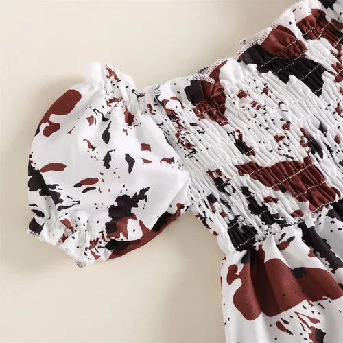Vista 4 de YINGISFITM Mameluco de manga larga para bebé niña con volantes, estampado de vaca, vestido de verano, ropa linda