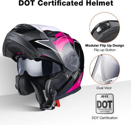 Vista 2 de AHR Casco de motocicleta de doble visera, modular abatible, casco de cara completa, aprobado por DOT, casco AHR Run-M1 y M3 para adultos, motos