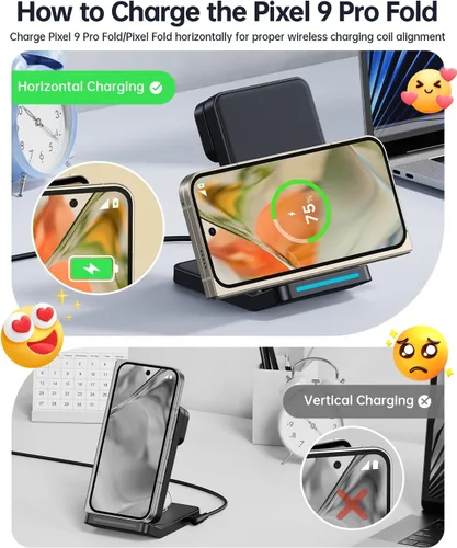 Vista 10 de Cargador Inalámbrico Plegable para Google Pixel Watch 3/2, Estación de Carga Rápida 3 en 1 con Soporte para Pixel 10 Pro XL/10 Pro/9/8/7