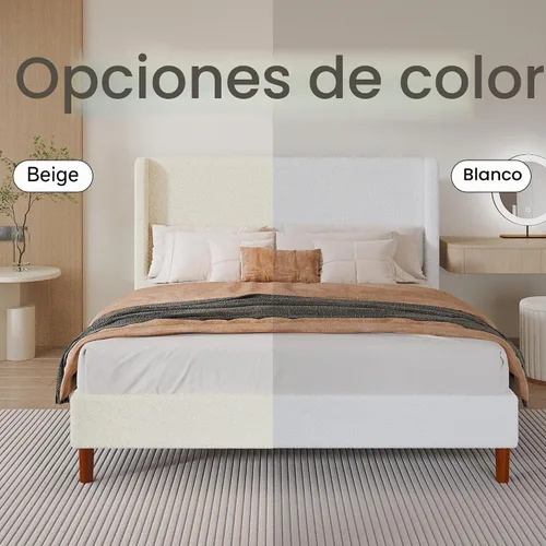 Vista 9 de Base de cama matrimonial, plataforma tapizada Boucle con cabecera con respaldo de alas, fuerte soporte de listones de madera, base de colchón sin