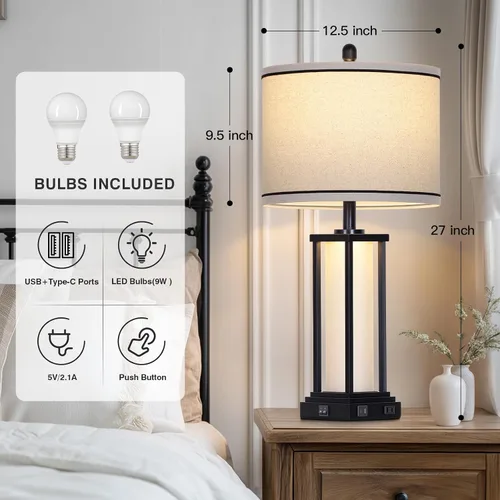 Vista 2 de 27in Tall Farmhouse Table Lamp with USB C+A & Outlet,Black Industrial End Table Lamp for Living Room,Vintage Rustic Bedside Lamp with Night Light