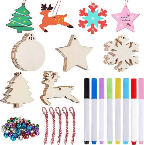 Vista 7 de Artmag 100 piezas de adornos colgantes de madera sin terminar de Navidad DIY, discos de madera redondos en blanco para manualidades, centros