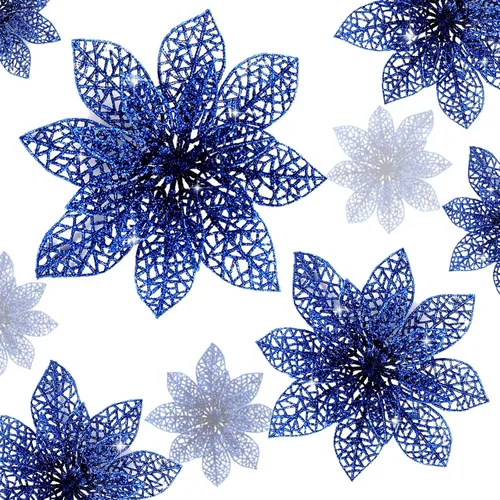 Vista 9 de Wironlst 24 piezas de flores de pascua con purpurina para árbol de Navidad, arbustos de nochebuena brillantes, decoraciones de Navidad para Navidad