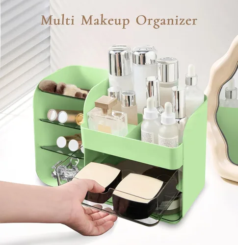 Vista 4 de 2026 Organizador de maquillaje de encimera con cajones, organizador de cosméticos con soporte de brochas de viaje, organizador de cuidado de la piel