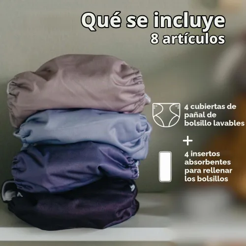 Vista 2 de Nora's Nursery Pañales de bolsillo de tela, paquete de 4 con 4 insertos, funda impermeable, lavable, reutilizable y de tamaño único ajustable