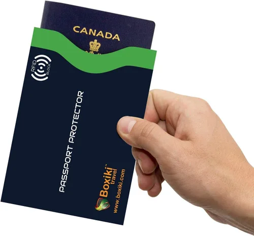 Vista 2 de Boxiki Travel - Fundas de bloqueo RFID con código de color para evitar robos de identidad y sobres de bloqueo RFID (azul marino)