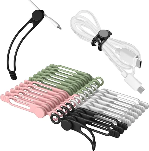 Vista 7 de 20 bridas de silicona para cables de 3 pulgadas, organizador de cables reutilizables pequeños para cables de carga, auriculares, cables de Negro