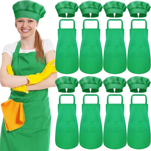 Vista 16 de SATINIOR Juego de 8 delantales de chef, sombrero de chef ajustable y delantal con bolsillos para adultos, mujeres y hombres cocineros