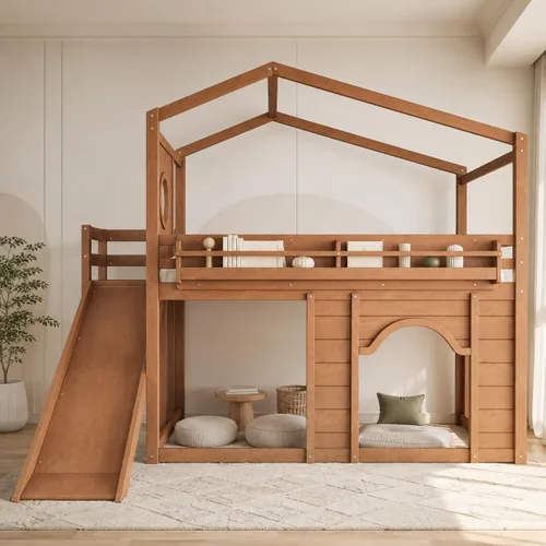 Vista 3 de Harper & Bright Designs Cama tipo loft para niños, tamaño individual, con armario y puerta arqueada, litera de casa con tobogán y estanterías