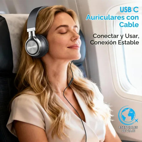 Vista 6 de INFURTURE - Auriculares USB C con micrófono, control de volumen, cable sin enredos, auriculares tipo C con cable, plegables y ligeros para iPhone