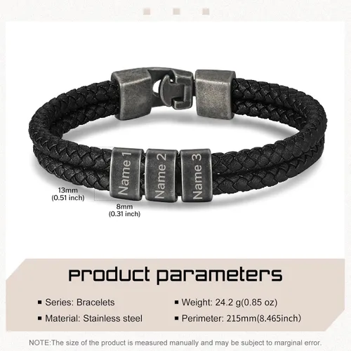 Vista 2 de Pulsera personalizada con nombre para hombre, pulsera de cuero personalizada para hombre con 2-5 cuentas vintage grabadas con nombres de familia