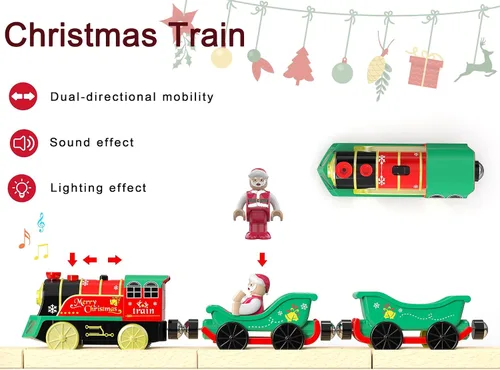 Vista 2 de Juego de tren eléctrico para pistas de madera, juguete de trenes a batería con luces y sonidos para niños pequeños, tren motorizado para niños
