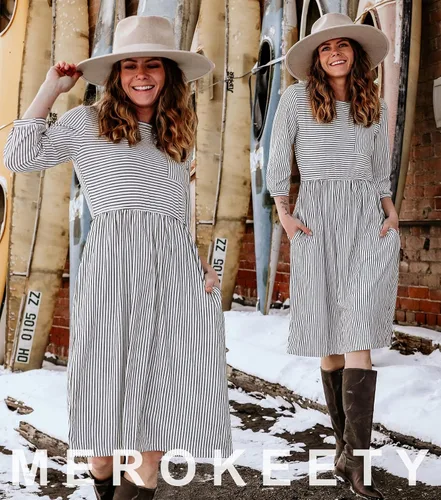 Vista 5 de Merokeety Vestido tipo camiseta, para mujer, diseño a rayas con manga globo 34, cintura alta, largo por debajo de la rodilla y bolsillos