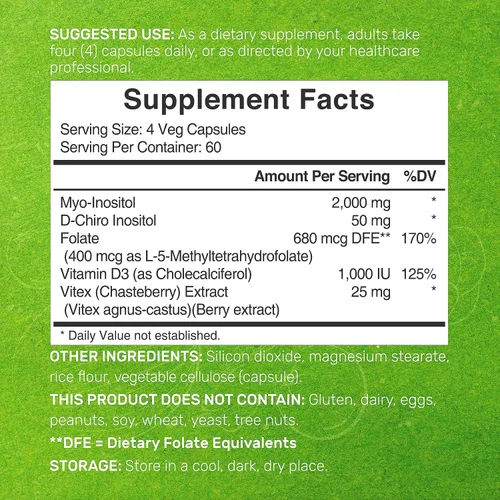Vista 2 de Suplemento de Myo-Inositol y D-Chiro Inositol para Mujeres (40:1) 2,050 mg por Porción 240 Cápsulas Vegetarianas con Folato, Vitamina D3