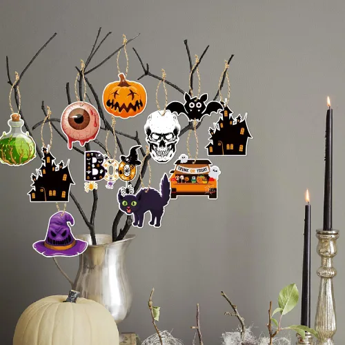 Vista 4 de Adornos de Halloween para árbol, decoraciones colgantes de árbol de Halloween, calabaza, gato negro, cráneo, murciélago, globo ocular, dulce