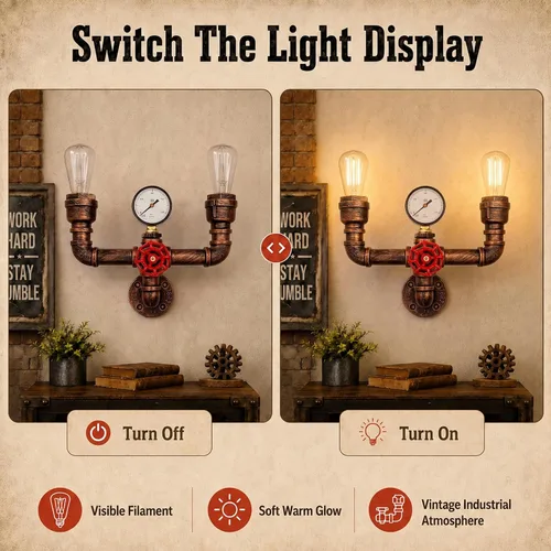 Vista 3 de MQ Lámpara de pared de tubería de agua, accesorios Steampunk, 2 luces, montaje en pared, enchufe E26, lámpara de pared rústica vintage para baño
