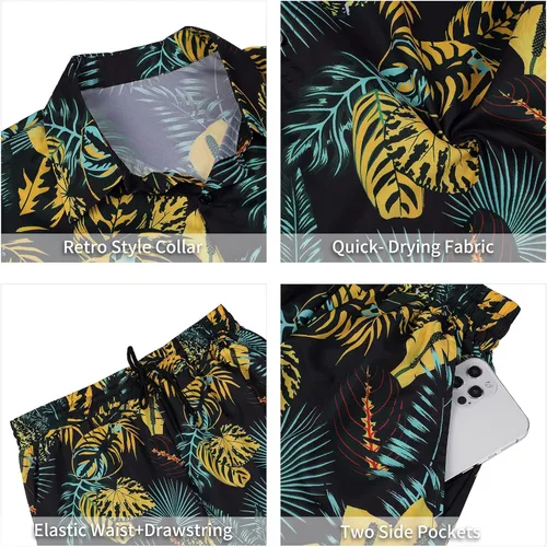 Vista 5 de Camisas hawaianas para hombre, estilo casual, con botones, manga corta, pantalones cortos estampados, trajes de vacaciones en la playa tropical