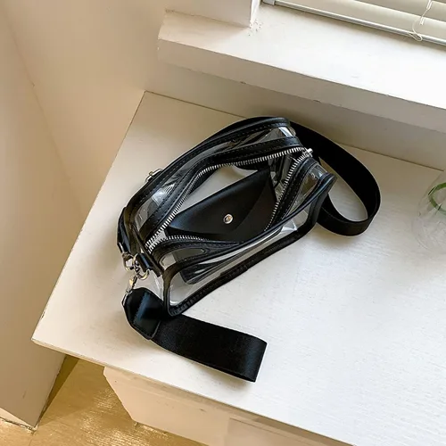 Vista 6 de Mini bolso cruzado transparente con monedero para mujer, aprobado por estadios, bolsa cuadrada de hombro Negro