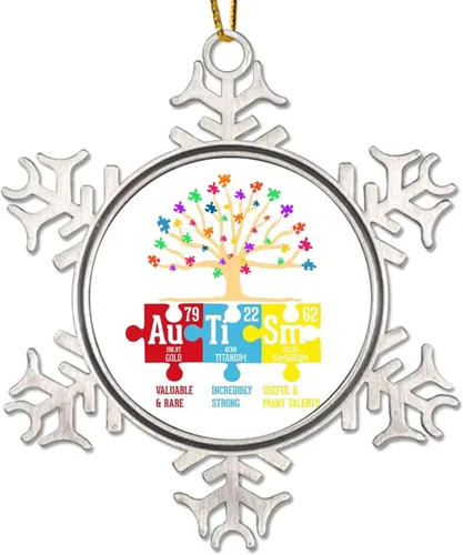 Vista 12 de Adornos únicos a veces para árbol de Navidad, apoyo para autismo, decoración de Navidad, conciencia de autismo, adorno de copo de nieve de metal