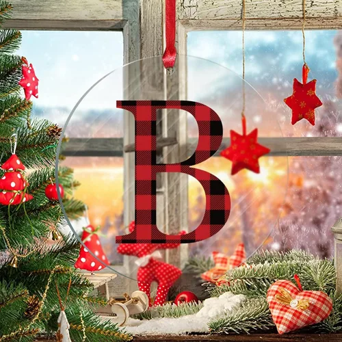 Vista 5 de Adornos de Navidad personalizados, monograma personalizado, letra inicial B, divertida decoración colgante de Navidad, a cuadros rojos y negros