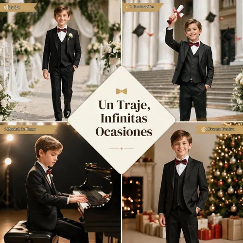 Vista 6 de Boy's Formal Suit Set, Slim Fit Suits for Kids, 5 Pieces Boys Tuxedo Set Negro (pajarita).