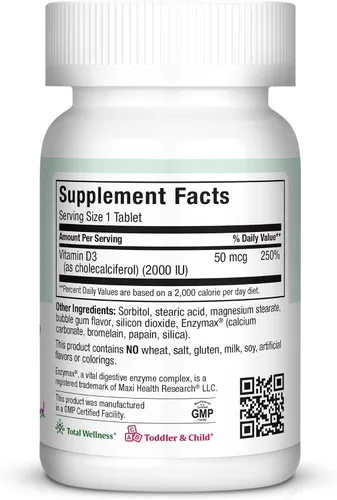 Vista 2 de Maxi Health Suplemento masticable de vitamina D3 de 2000 UI – Delicioso sabor natural de goma de mascar – Apoya la absorción de calcio, la salud
