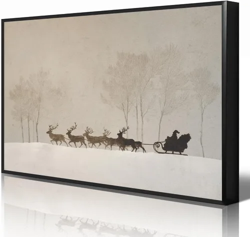 Vista 10 de Arte de pared en lona de árbol de Navidad y pino, póster rústico iluminado de abeto nevado, decoración de pared de vacaciones de invierno antigua