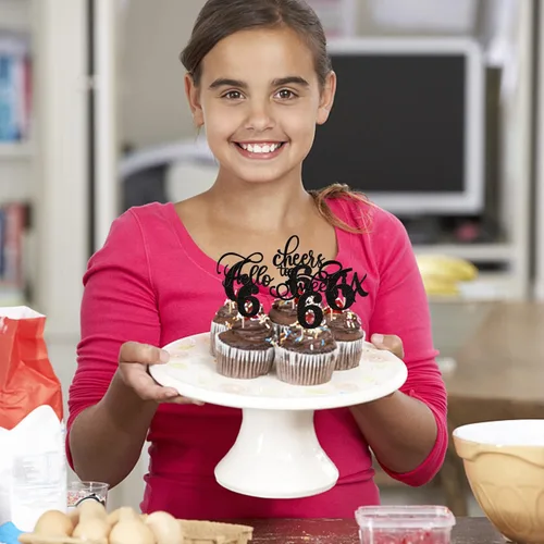 Vista 4 de Rsstarxi Paquete de 30 adornos para cupcakes de 6º cumpleaños con purpurina negra de seis Hello 6 para cupcakes Cheers to 6 años de edad