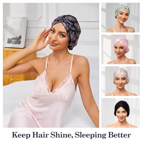 Vista 18 de Gorro de satén de seda ajustable para envolver el cabello para dormir, gorro de dormir de doble capa, turbante nocturno para cabello largo y rizado