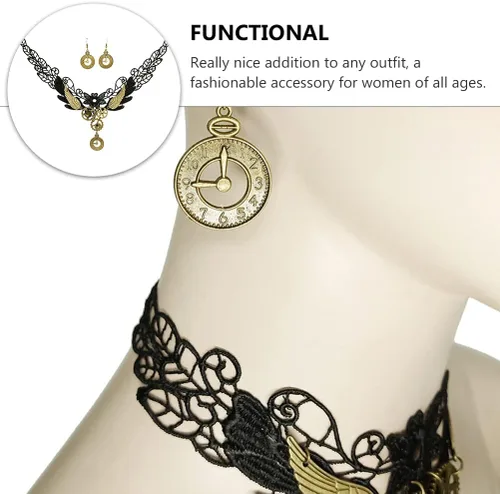 Vista 3 de Generic Gargantilla de encaje gótico, aretes vintage, collar steampunk, gargantilla de engranaje, accesorios de disfraz para mujeres y niñas, 3