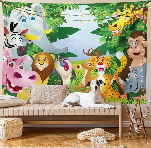 Vista 9 de Ambesonne Tapiz de dibujos animados, grupo de animales de la selva de sabana con expresiones divertidas, estampado de mascotas de sabana, colgante