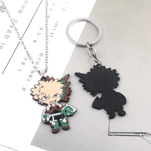 Vista 7 de MHA Bakugo Charm Keychain Necklace Set - Anime Characters Deku Todoroki Pendant Necklace - Christmas Cosplay Gifts for Kids Girls Teens Women Men