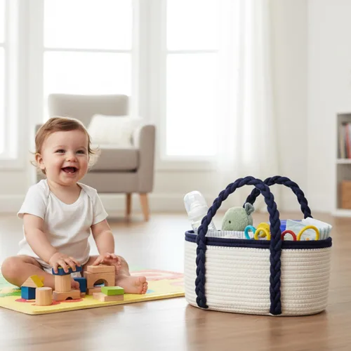 Vista 6 de Organizador de pañales portátil para cambiador, regalos de baby shower, artículos esenciales para recién nacidos, cuerda de algodón, cesta de Blanco