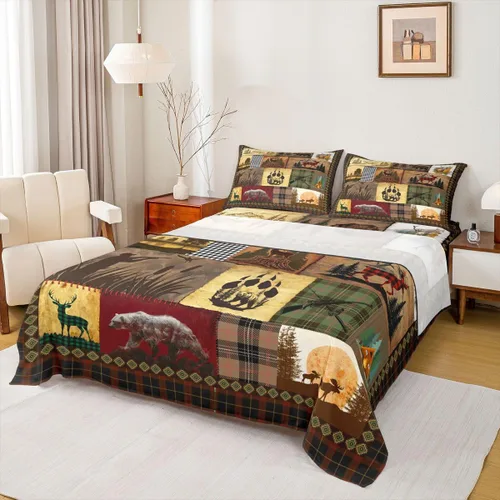 Vista 24 de Juego de sábanas de cabaña retro marrón tamaño individual, juego de sábanas de retazos, oso del bosque, ciervos, juego de ropa de cama de madera