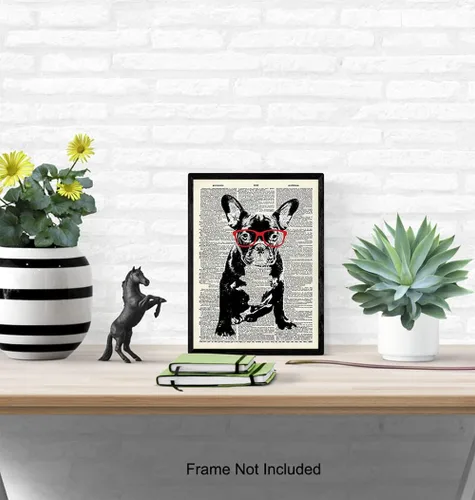 Vista 5 de Bulldog francés con gafas rojas, impresión artística de diccionario, impresión fotográfica de 8 x 10 pulgadas, decoración genial para el hogar