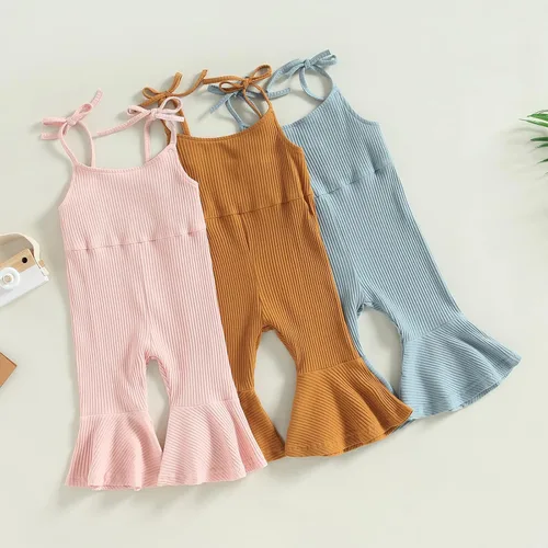 Vista 2 de Mubineo Mameluco básico de verano para niña pequeña, de punto liso, sin mangas, con parte inferior acampanada
