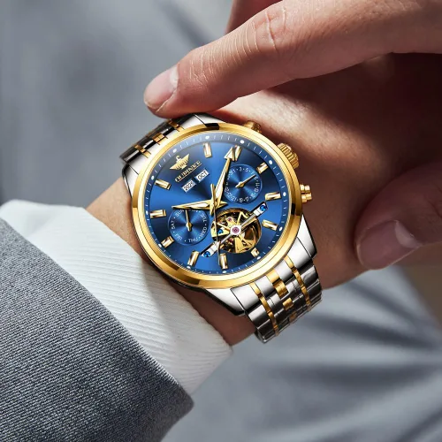 Vista 7 de OLEVS Relojes automáticos para hombre, mecánico, de lujo, cuerda automática, multicalendario, acero inoxidable, impermeable, relojes de pulsera