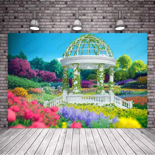 Vista 2 de BJXTVV135 - Fondo de flores de primavera de 7 x 5 pies para jardín, pabellón floral para despedida de soltera, boda, fiesta, decoración de campo